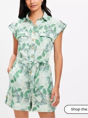 New with tags! LOFT Button-Front Green Floral Romper with Tie Waist